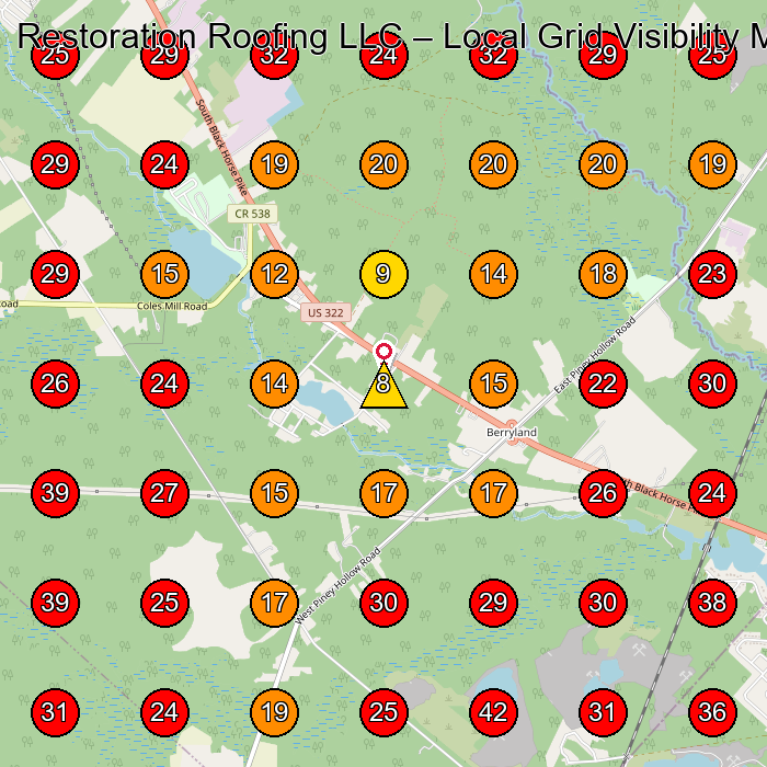 Restoration Roofing LLC GeoGrid visibility map for Roofing Contractor in Hammonton